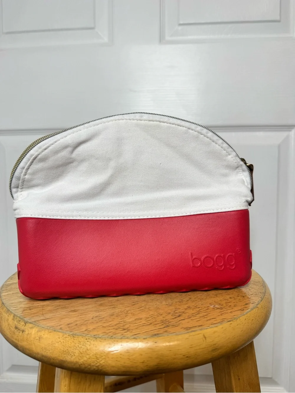 BOGG BAG White and Red Canvas & Faux Leather Cosmetic Case